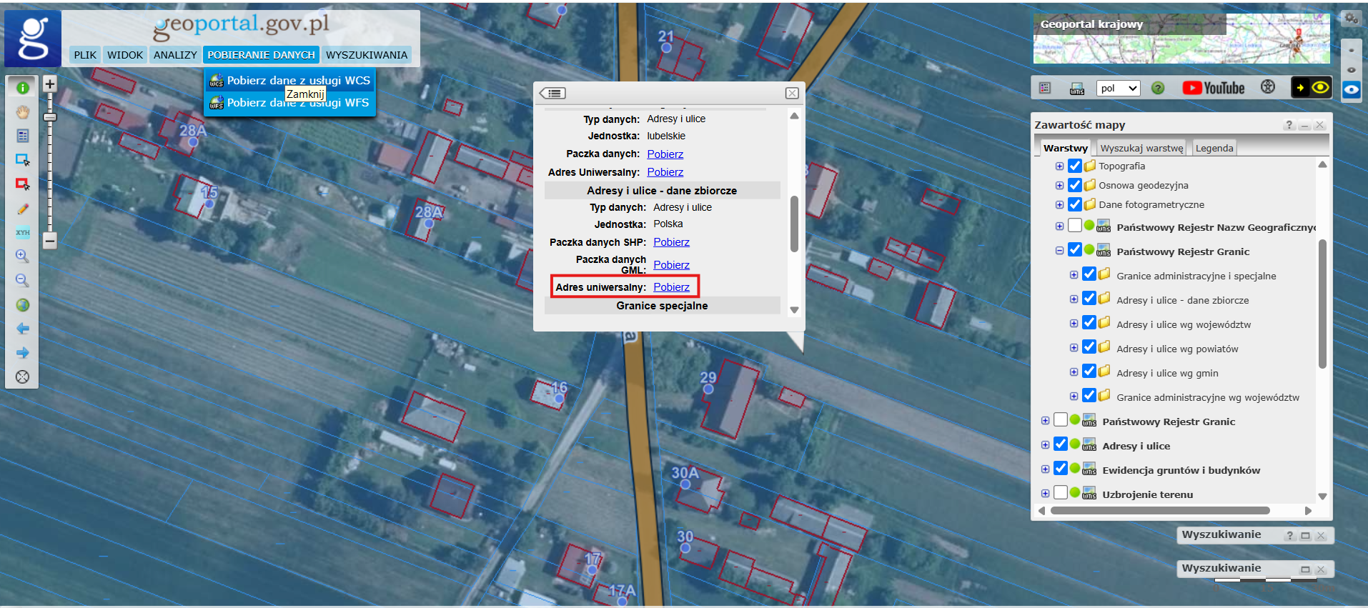 Zrzut ekranu z serwisu www.geoportal.gov.pl przedstawiający lokalizację zbiorczego pliku zawierającego zapis adresu uniwersalnego dla całej Polski 