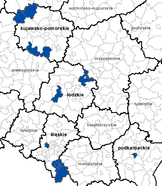 Ilustracja przedstawia obszary powiatów objętych aktualizacją zbiorów danych BDOT10k.