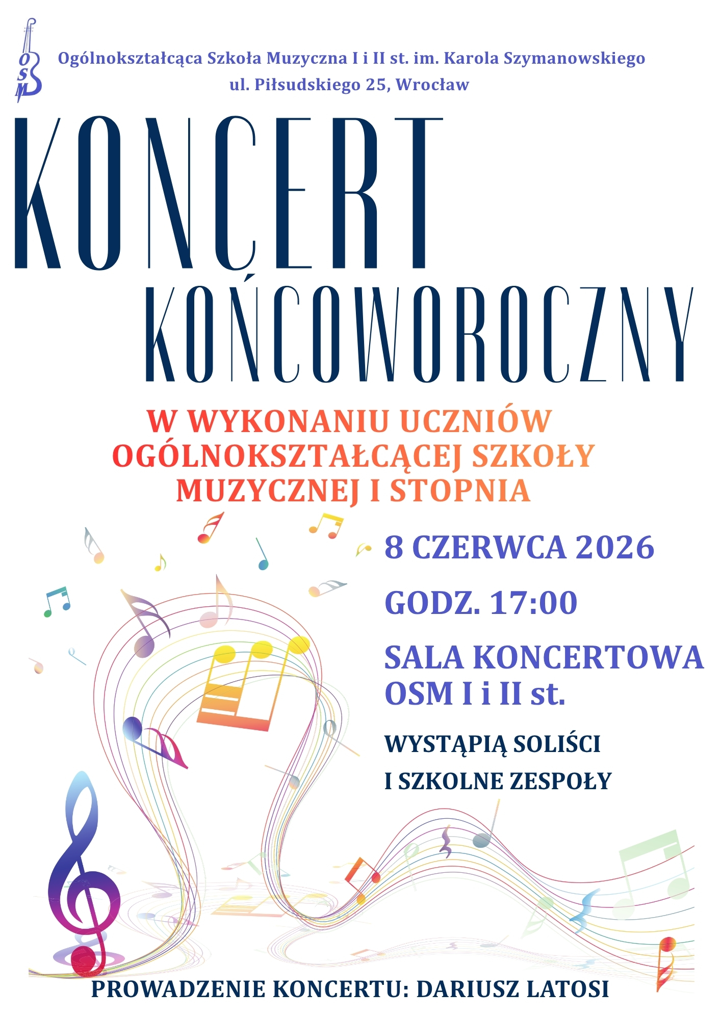 plakat zapowiadający koncert klas I stopnia. Zawiera logo szkoły, informacje o koncercie oraz grafiki kolorowych nut