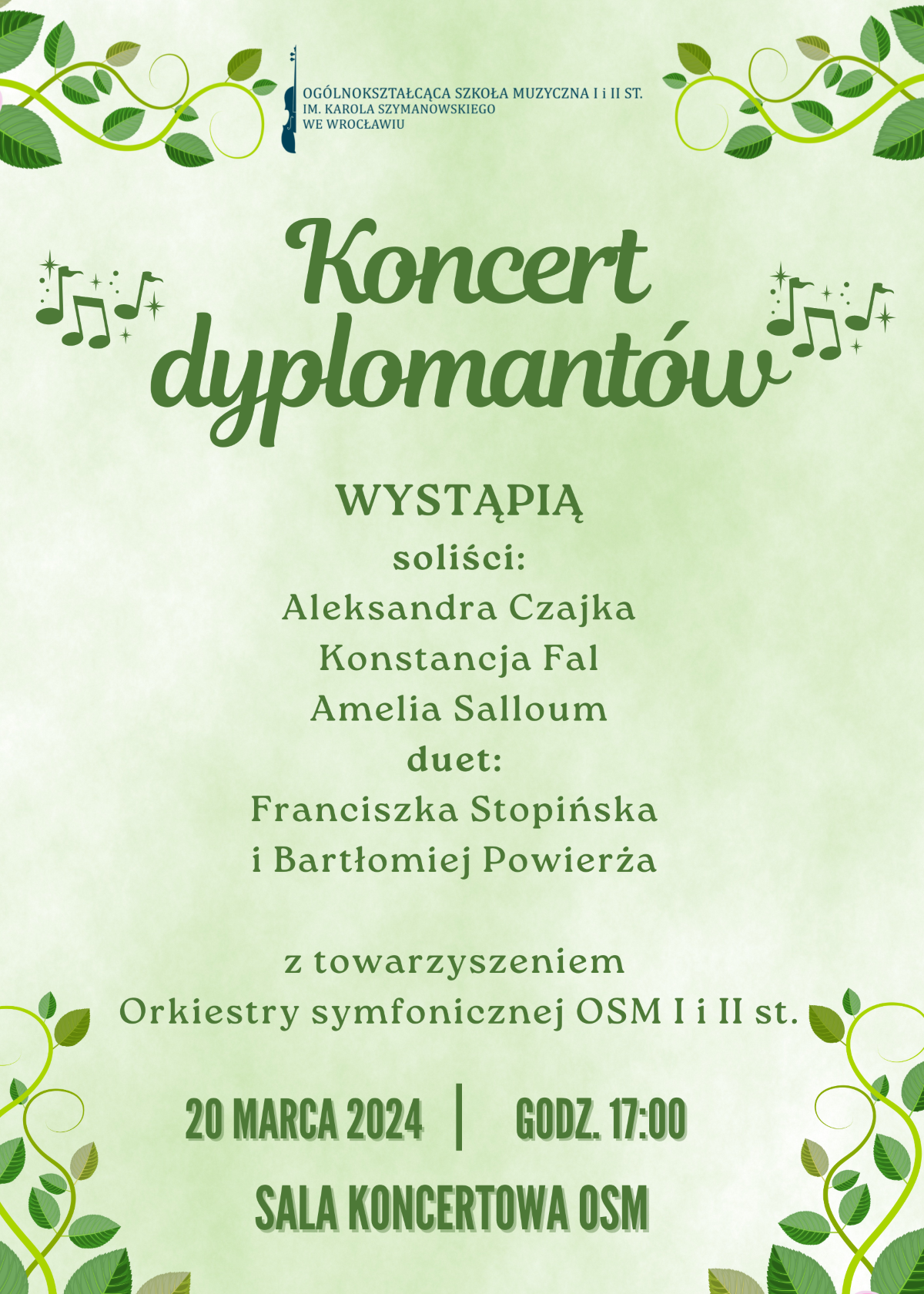 plakat w zielonej tonacji, zawiera napis:" Koncert Dyplomantów"