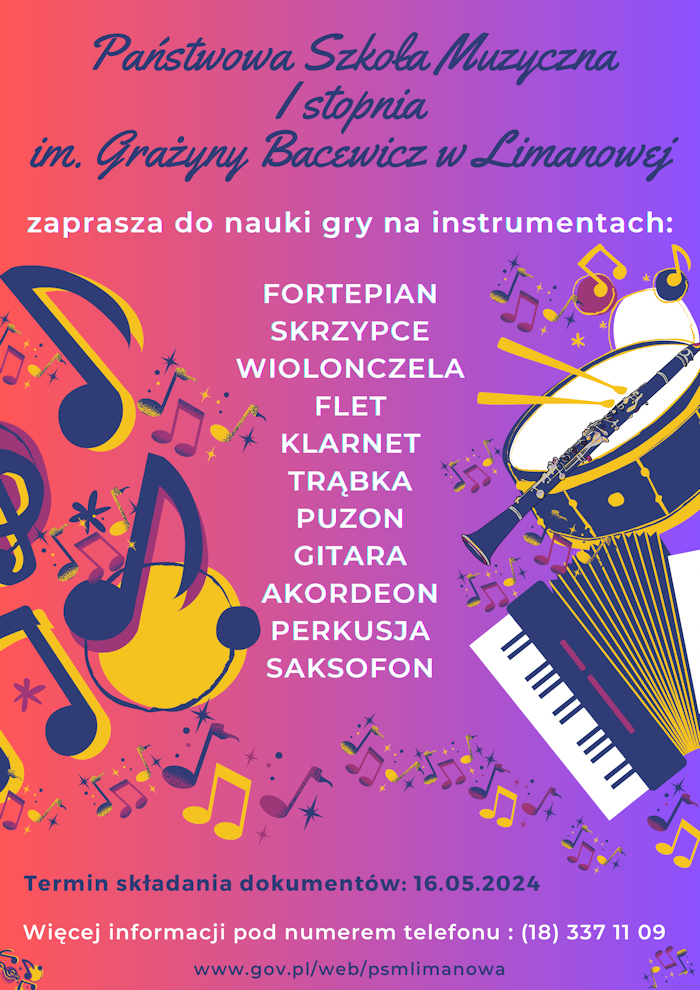 Plakat na różowym tle tekst Państwowa szkoła muzyczna zaprasza do nauki gry na fortepianie, skrzypcach, wiolonczeli, flecie poprzecznym, klarnecie, trąbce, gitarze, akordeonie, perkusji i saksofonie. Termin składania dokumentów 16 maja 2024 informacja pod numerem 183371109
