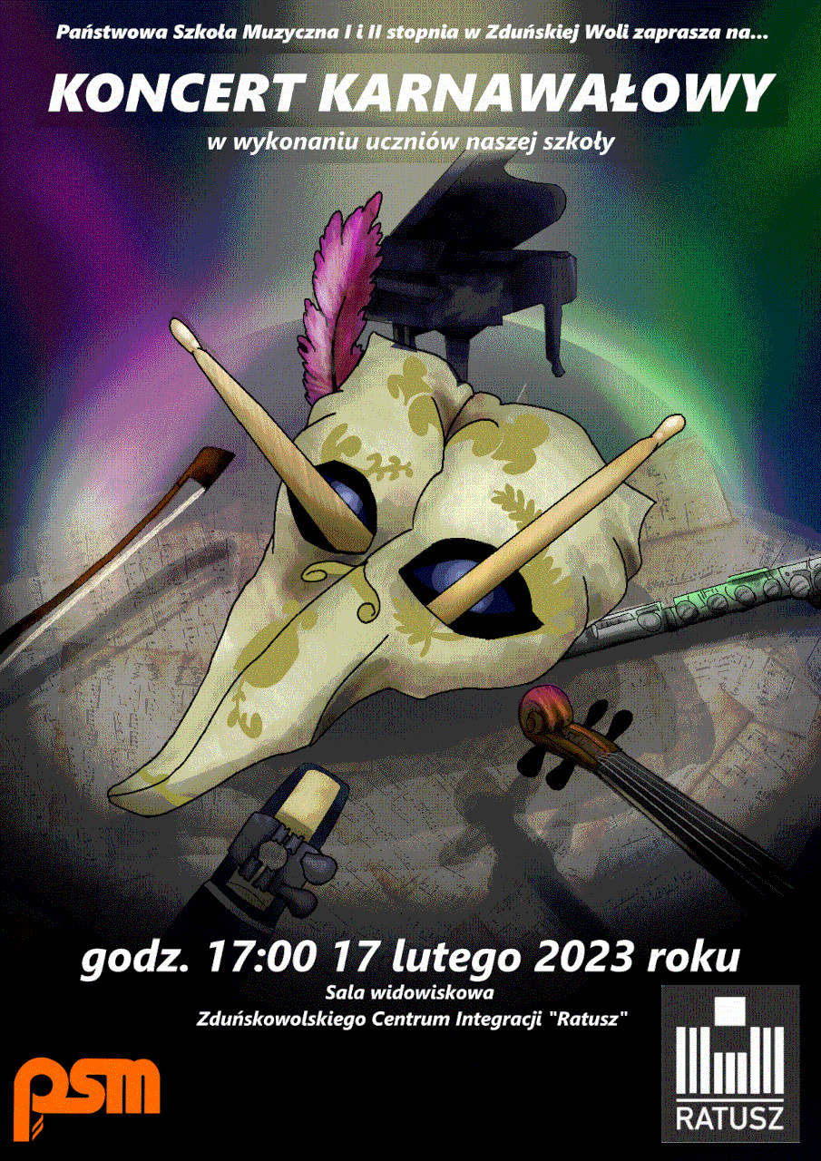 plakat przedstawia na fioletowo zielono czarnym tle u góry czarny fortepian, na dole wystające spoza obrysu plakatu smyczek i gryfy instrumentów strunowych, a w środku leżą dwie poduszki