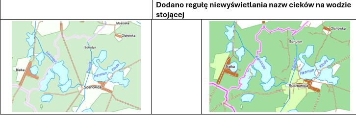 Ilustracja przedstawia poprawiony sposób wyświetlania nazw cieków z pominięciem wody stojącej i sposób wyświetlania nazw cieków nachodzących na wody stojące
