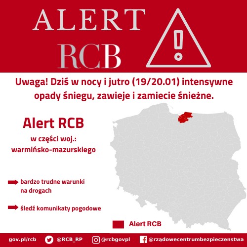 Alert RCB 19 stycznia - zawieje i zamiecie.