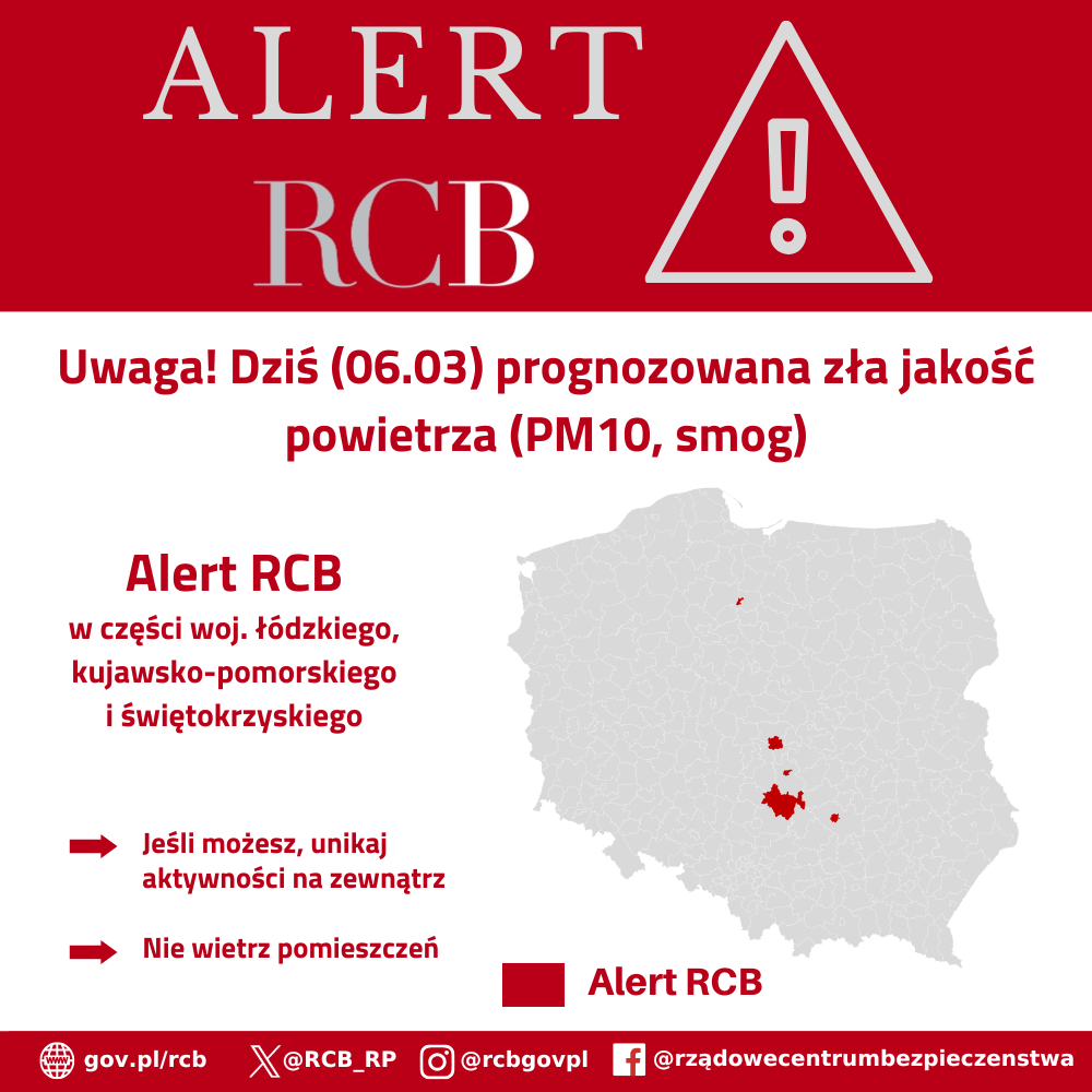 Alert RCB o treści "Uwaga! Dziś (06.03) prognozowana zła jakość powietrza - SMOG (pyl zawieszony - PM10). Jeśli możesz, unikaj aktywności na zewnątrz i nie wietrz pomieszczeń." 