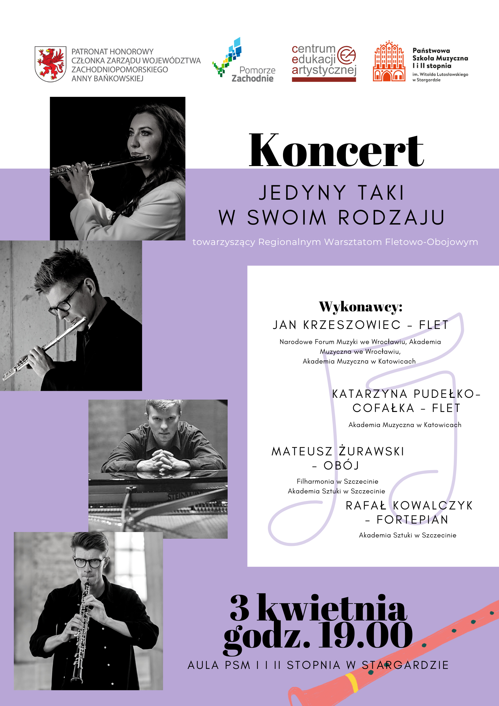 Informacja o koncercie towarzyszącym Regionalnym warsztatom fletowo-obojowym w dniu 3 kwietnia 2023 roku o godzinie 19.00.