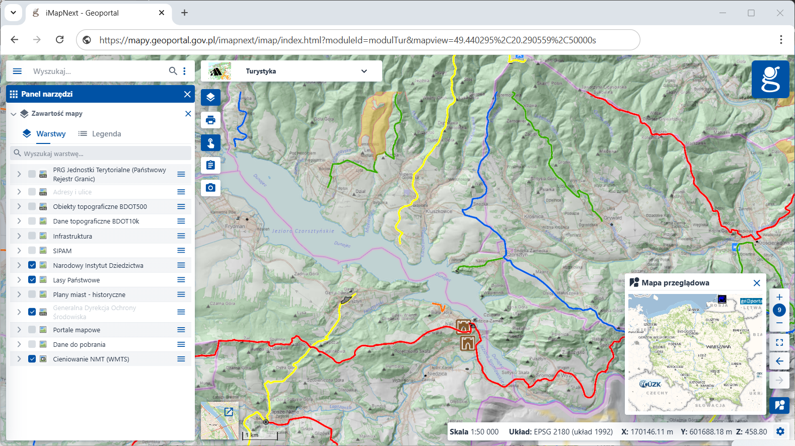Rysunek przedstawia stronę mapy.geoportal.gov.pl z włączonym widokiem modułu Turystyka w rejonie górskim