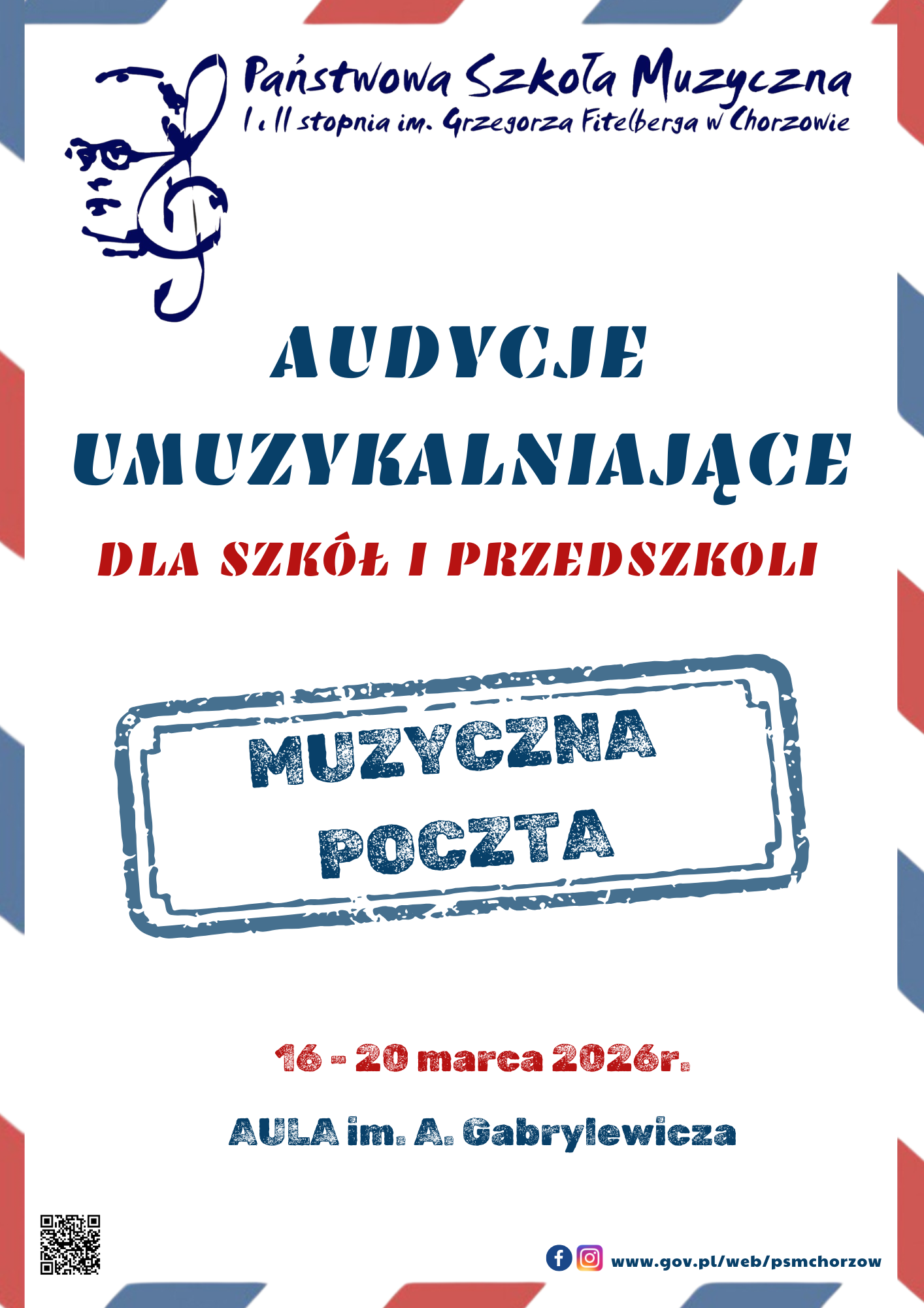 Plakat informacyjny: Audycje umuzykalniające dla szkół i przedszkoli 16-20 marca 2026 r. w Auli im. A. Gabrylewicza