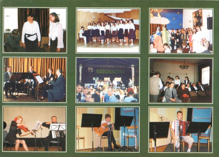 Na zielonym tle przedstawiono 12 ujęć z historii szkoły. Zdjęcia rozmieszczono w trzech wierszach po trzy w każdym. Na zdjęciach przedstawiono uczniów i nauczycieli szkoły z lat, kiedy dyrektorem była Pani Barbara Miłosławska