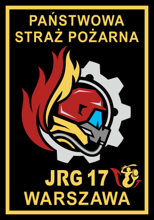Logo w kształcie czarnej tarczy ze złotym konturem. W górnych narożnikach znajduje się flaga Polski oraz złota sylwetka Syrenki Warszawskiej. Centralną część loga tworzy popiersie strażaka w hełmie wraz z maską, w której wizjerze odbijają się czerwone płomienie. W tle Kolumna Zygmunta koloru białego. Wokół jest napis Jednostka Ratowniczo-Gaśnicza 17 Warszawa.
