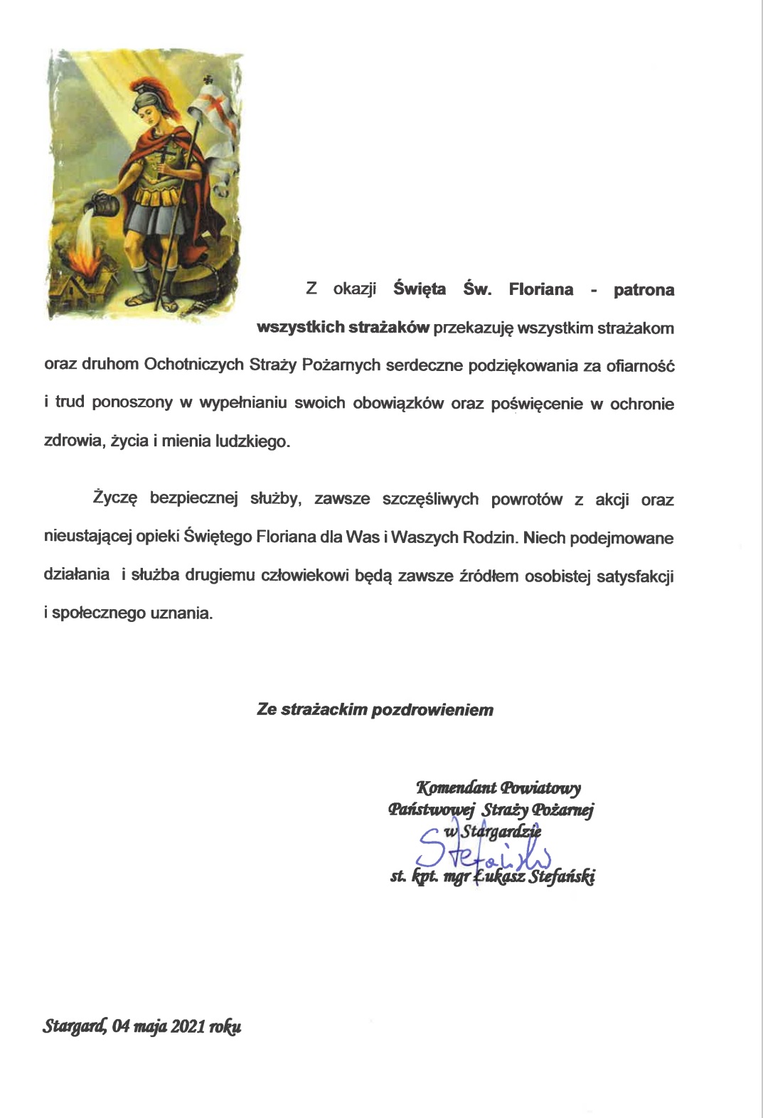 Życzenia st. kpt. Łukasza Stefańskiego Komendanta Powiatowego PSP w Stargardzie z okazji Dnia Strażaka 2021