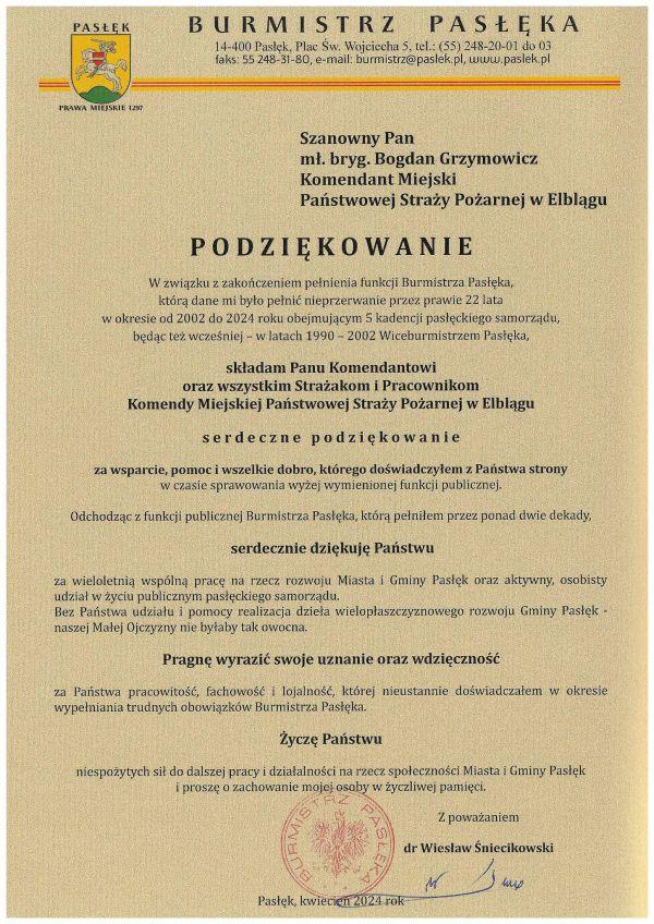 Grafika przedstawia podziękowanie Burmistrza Pasłęka dla Strażaków i Pracowników Komendy Miejskiej Państwowej Straży Pożarnej w Elblągu.
