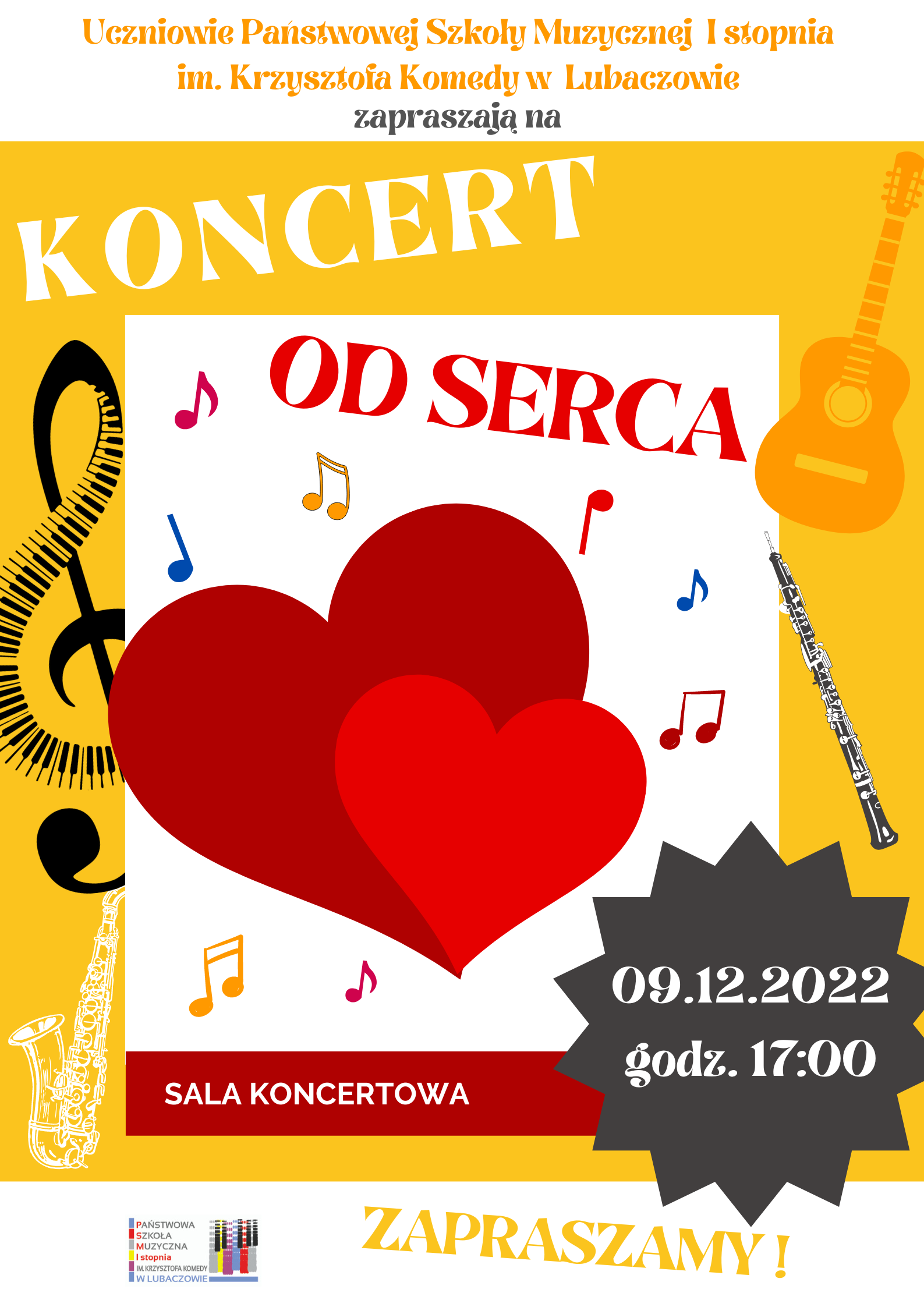 Biało-żółty plakat koncertu charytatywnego uczniów od serca w dniu 9 grudnia 2022 o godz. 17.00 z logo szkoły w lewym dolnym rogi, ikonografią instrumentów muzycznych i dużym serem na środku