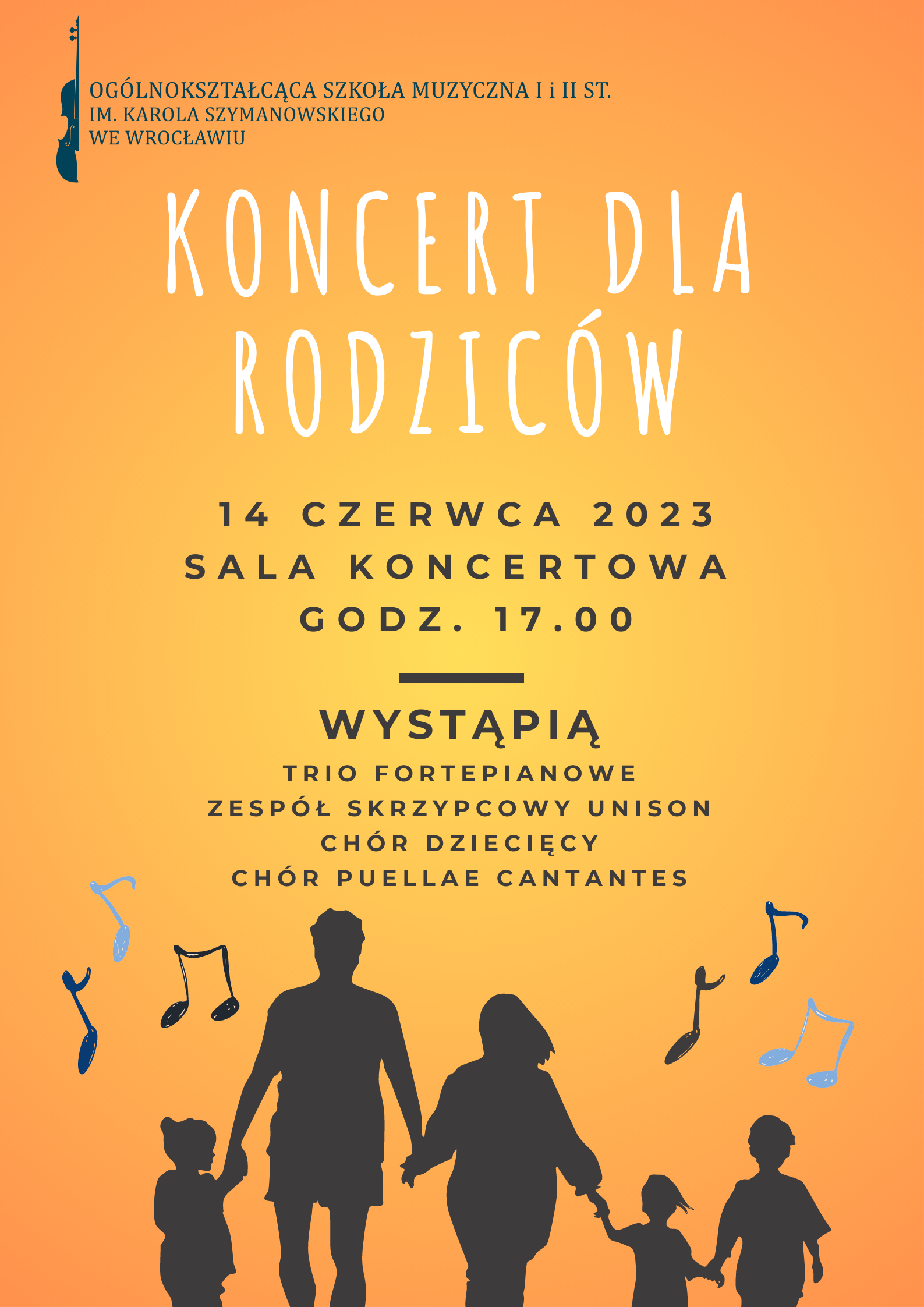 afisz w pomarańczowej tonacji, zawiera logo szkoły, program koncertu 