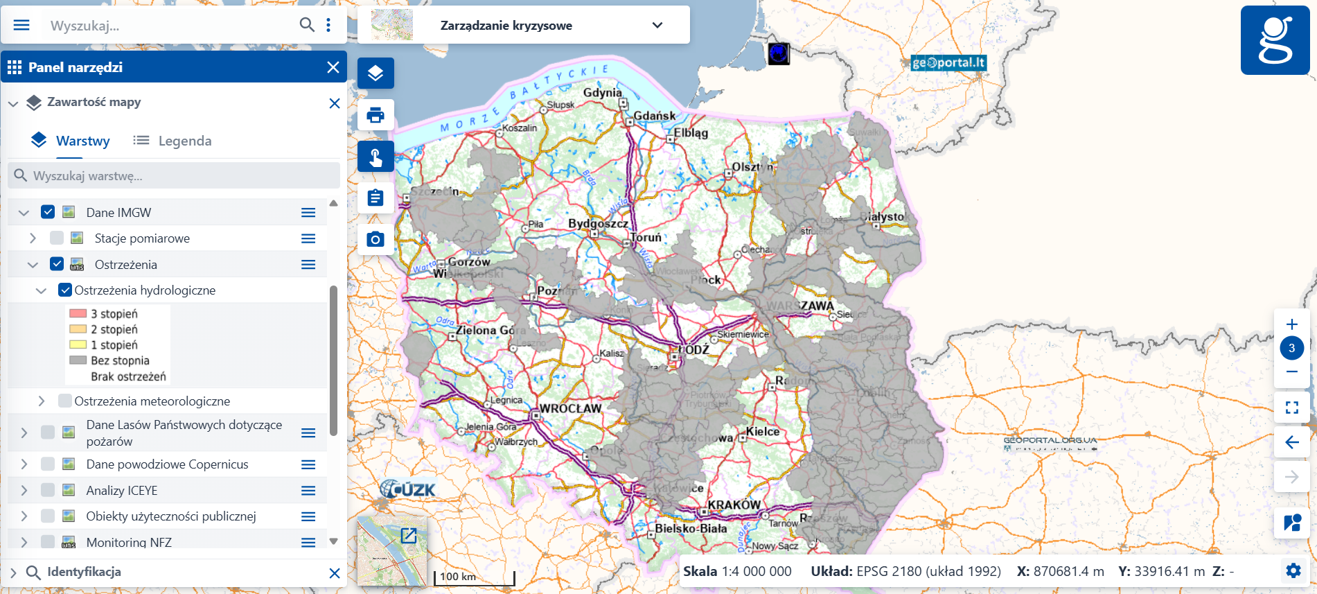 zrzut ekranu przedstawiający warstwę ostrzeżenia hydrologiczne w module Zarządzanie kryzysowe w serwisie www.geoportal.gov.pl
