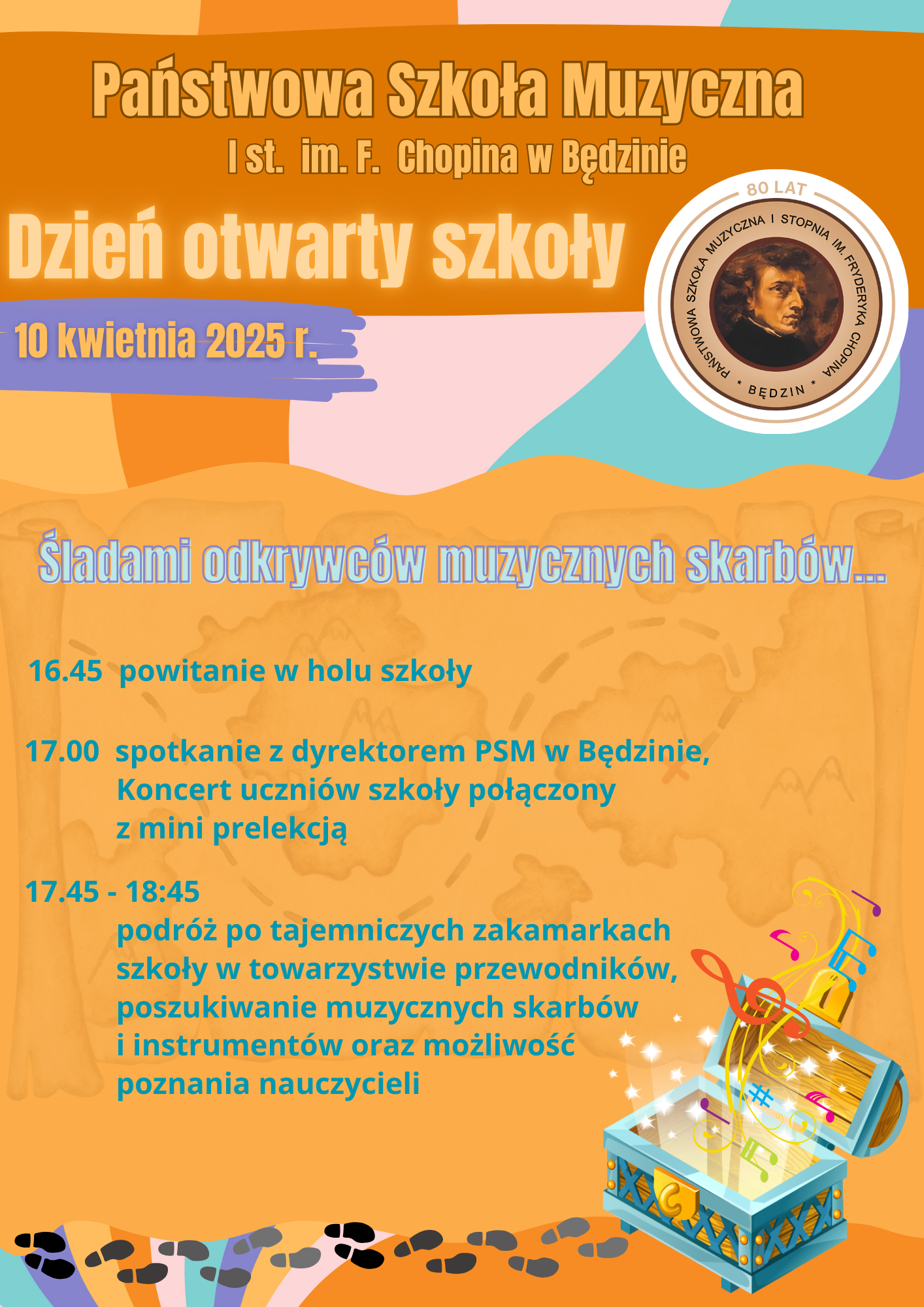 plakat na pomarańczowym tle, na środku napisy, u góry logo szkoły jubileuszowe