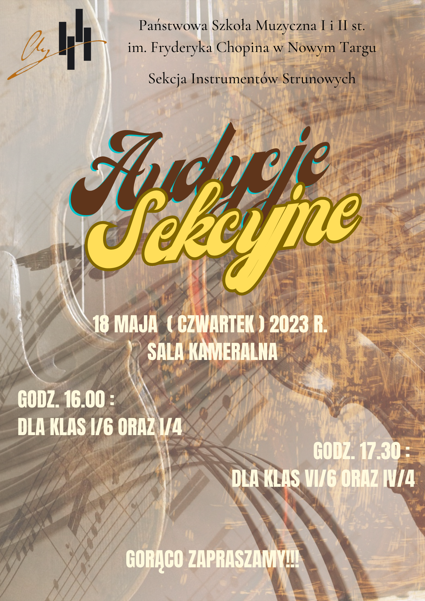 Tło plakatu to rozbiegane nutki i klawiatura oraz cienie skrzypiec, wszystko w tonacjach brązu. W górnym lewym rogu logo szkoły, obok pełna nazwa szkoły oraz sekcji organizującej audycje. Na środku nazwa wydarzenia, poniżej data , godzina i miejsce wydarzenia oraz kogo dotyczą te audycje