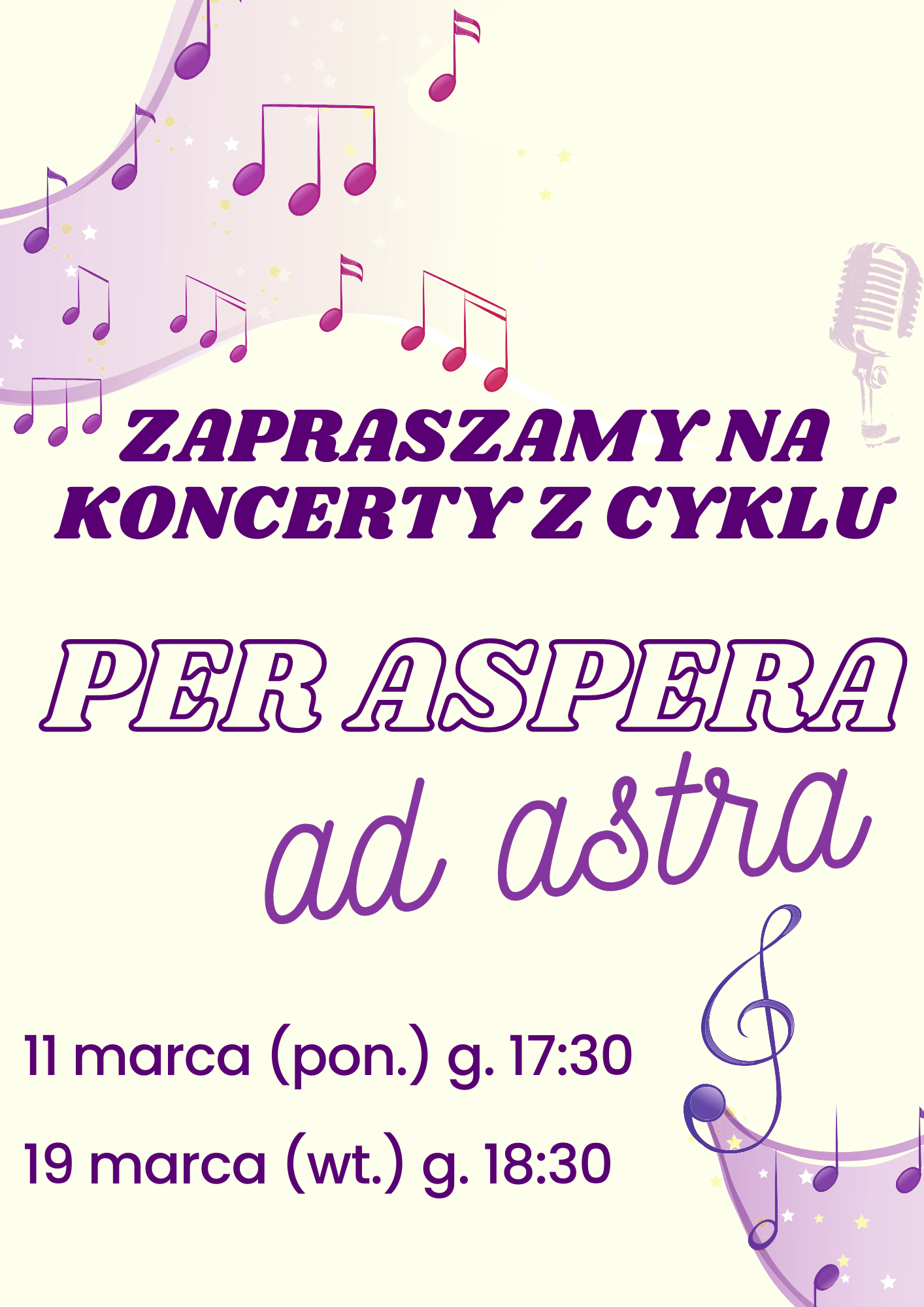 Plakat ze szczegółami koncertu w kolorze fioletowym