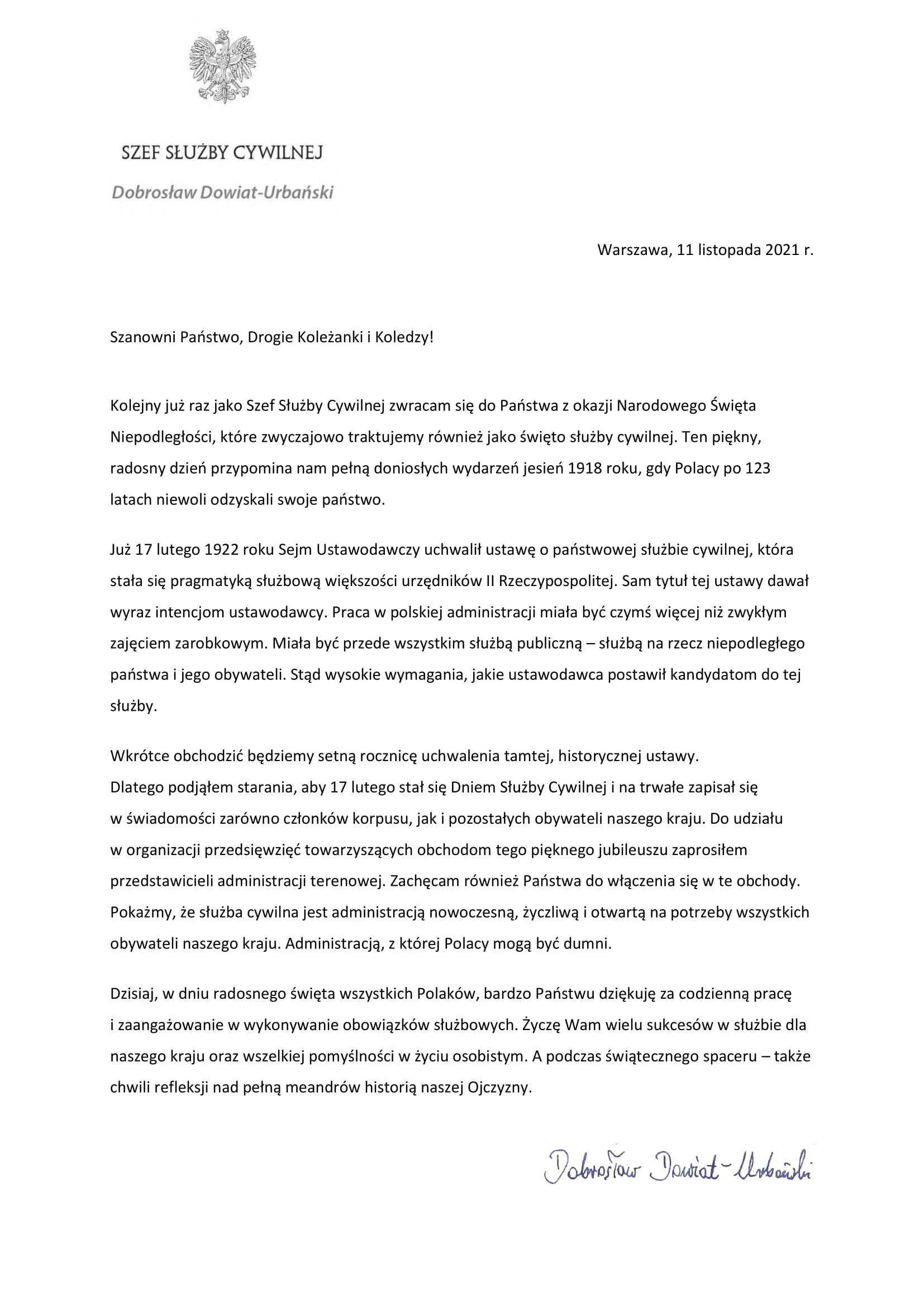 LIST SZEFA SŁUŻBY CYWILNEJ DO CZŁONKÓW KORPUSU SŁUŻBY CYWILNEJ