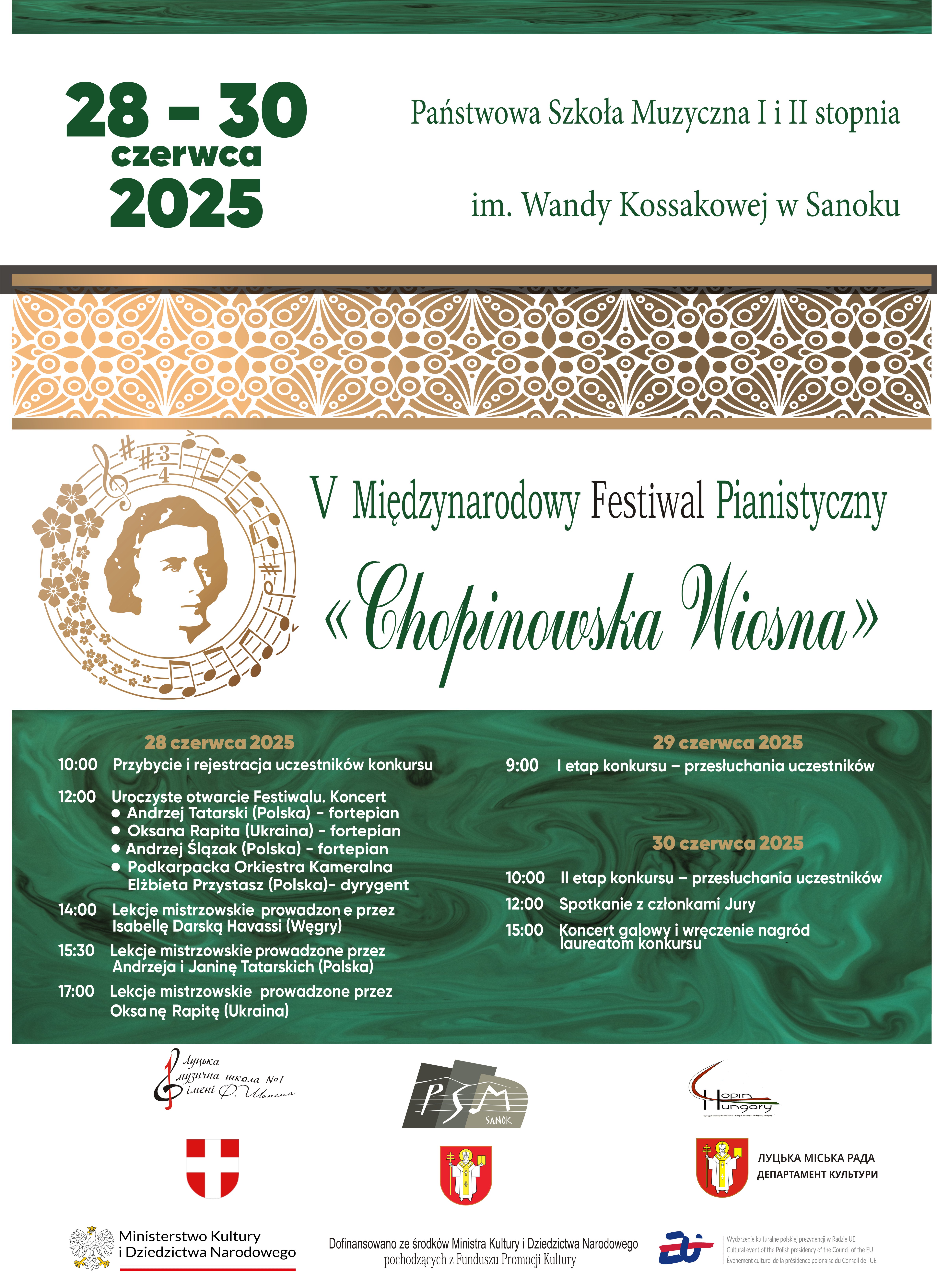 Plakat Międzynarodowy Festiwal Pianistyczny "Chopinowska Wiosna". Białe tło zielone i białe litery, na dole loga partnerów