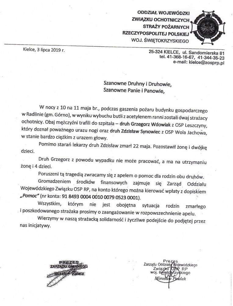 Apel o pomoc dla rodzin zmarłego i poszkodowanego strażaka z OSP Wola Jachowa