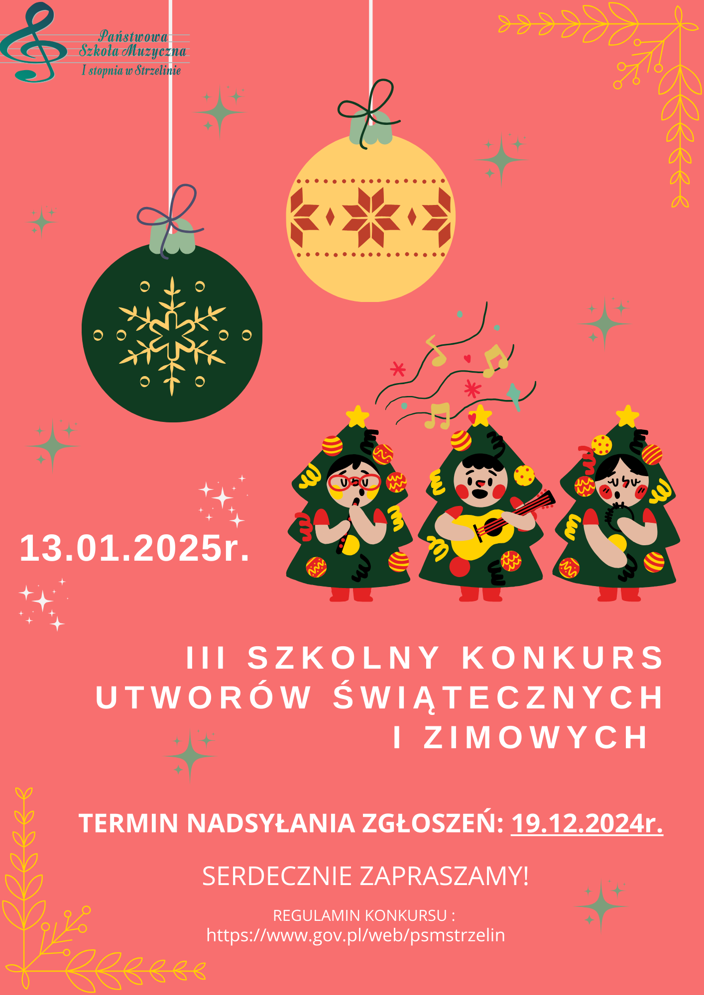 Na różowym tle zostały umieszczone informacje dotyczące konkursu.