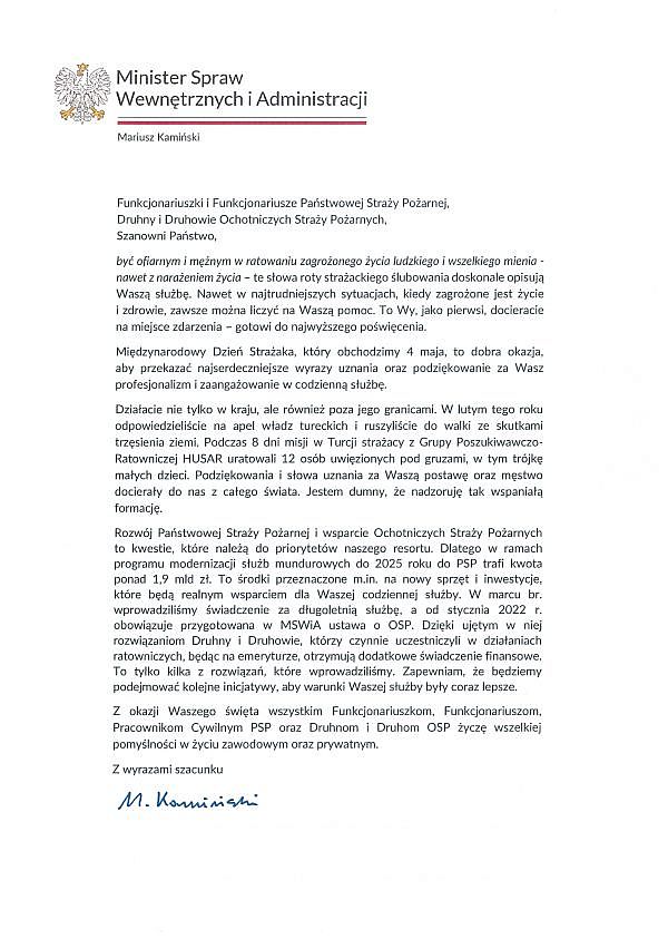 Życzenia Ministra Spraw Wewnętrznych i Administracji z Okazji Dnia Strażaka