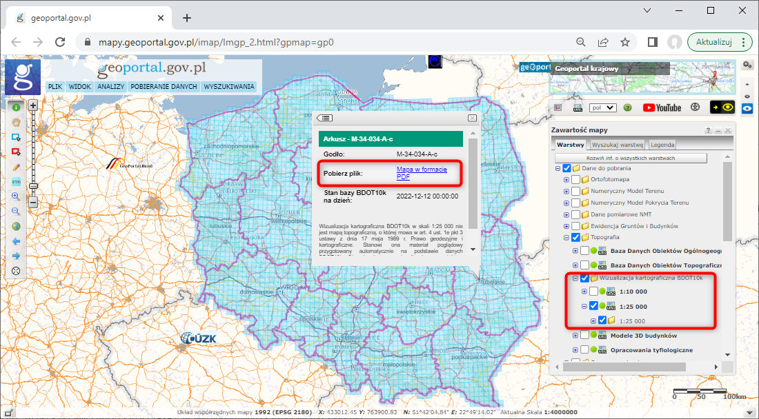 ilustracja przedstawia zrzut z serwisu www.geoportal.gov.pl pokazujący sposób pobierania wizualizacji kartograficznych BDOT10k