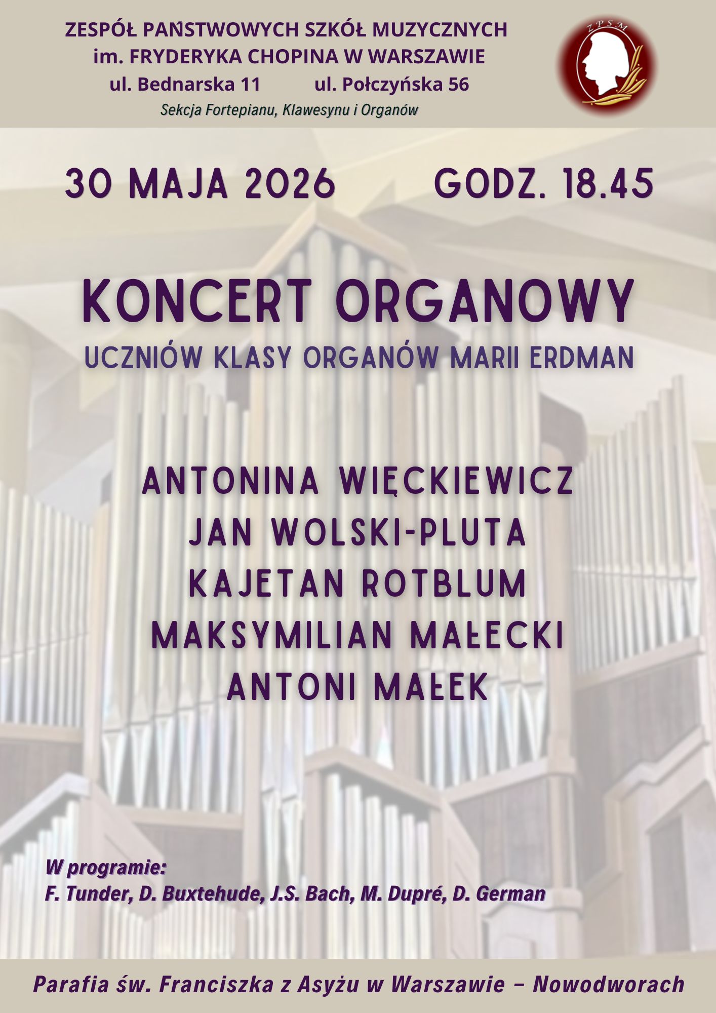 Afisz - 30.05.2026 - koncert uczniów klasy organów Marii Erdman