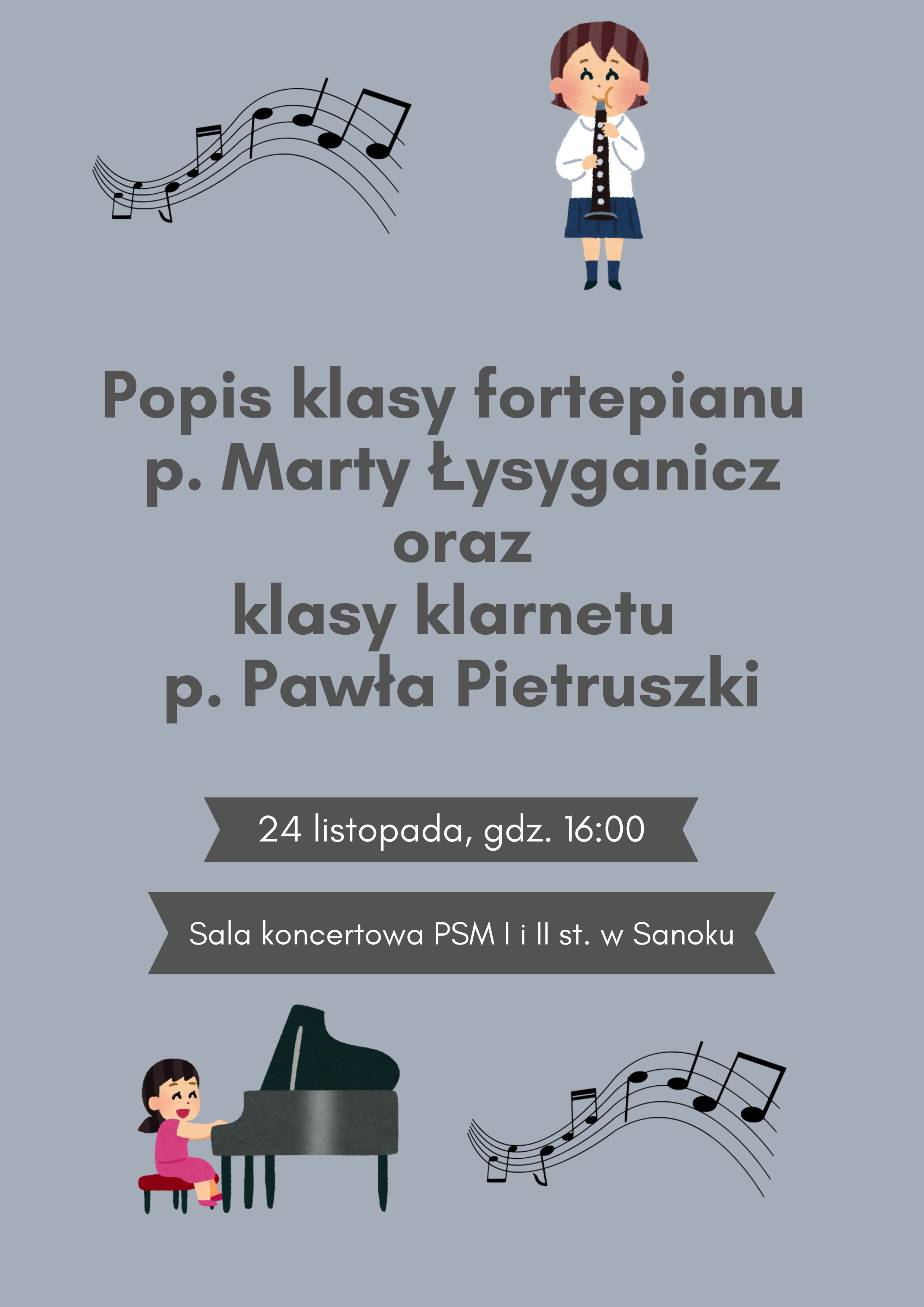 Plakat - Popis klasy fortepianu i klarnetu. Szare litery i tło. Uczniowie grający na instrumentach
