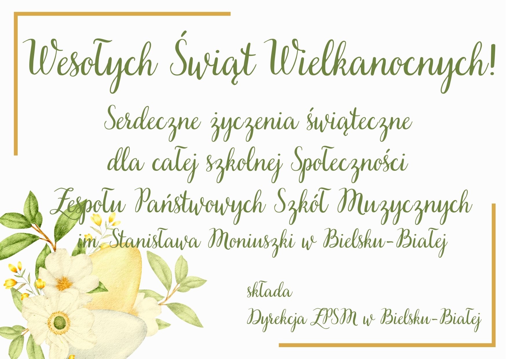 zielone napisy na białym tel, w lewym dolnym rogu kwiat lilii. Tekst: Wesołych Świąt Wielkanocnych 