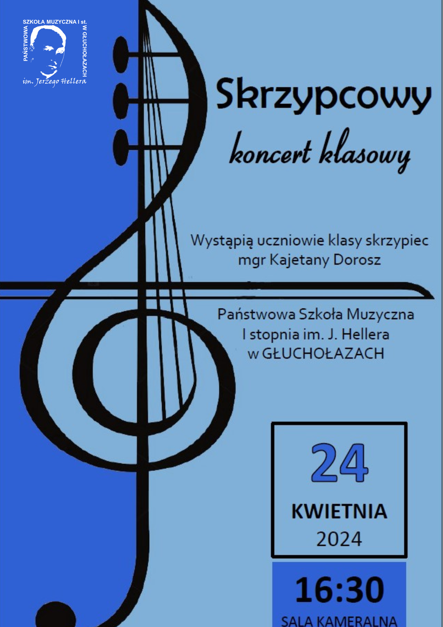 Na pierwszym planie plakatu z lewej strony znajduje się czarna grafika skrzypiec z poprzecznie ułożonym do niej smyczkiem przechodzącym przez całą stronę plakatu. U góry nagłówek Skrzypcowy klasowy koncert. W środku po lewej stronie znajdują się napisy: Wystąpią uczniowie mgr Kajetana Dorosz i Państwowa Szkoła Muzyczna I stopnia im. J.Hellera w Głuchołazach. W dolnym prawym rogu wytłuszczoną czcionką znajduje się data 24 kwietnia 2024 i godzina 16.30 w sali kameralnej. Tło całości plakatu niebieskie.W lewym górnym rogu logo PSM Głuchołazy według ustalonego znaku.