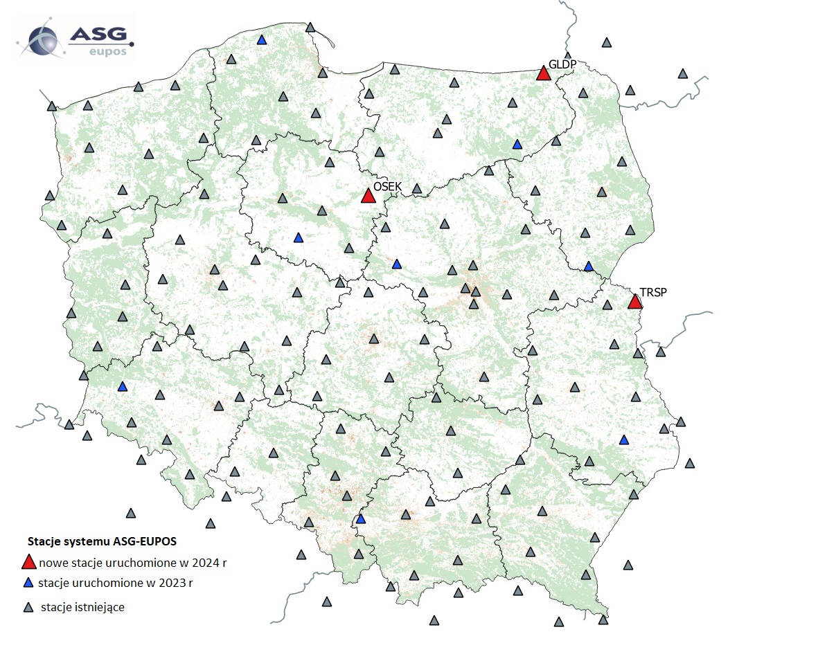 Mapa przedstawiająca rozmieszczenie nowych stacji ASG-EUPOS