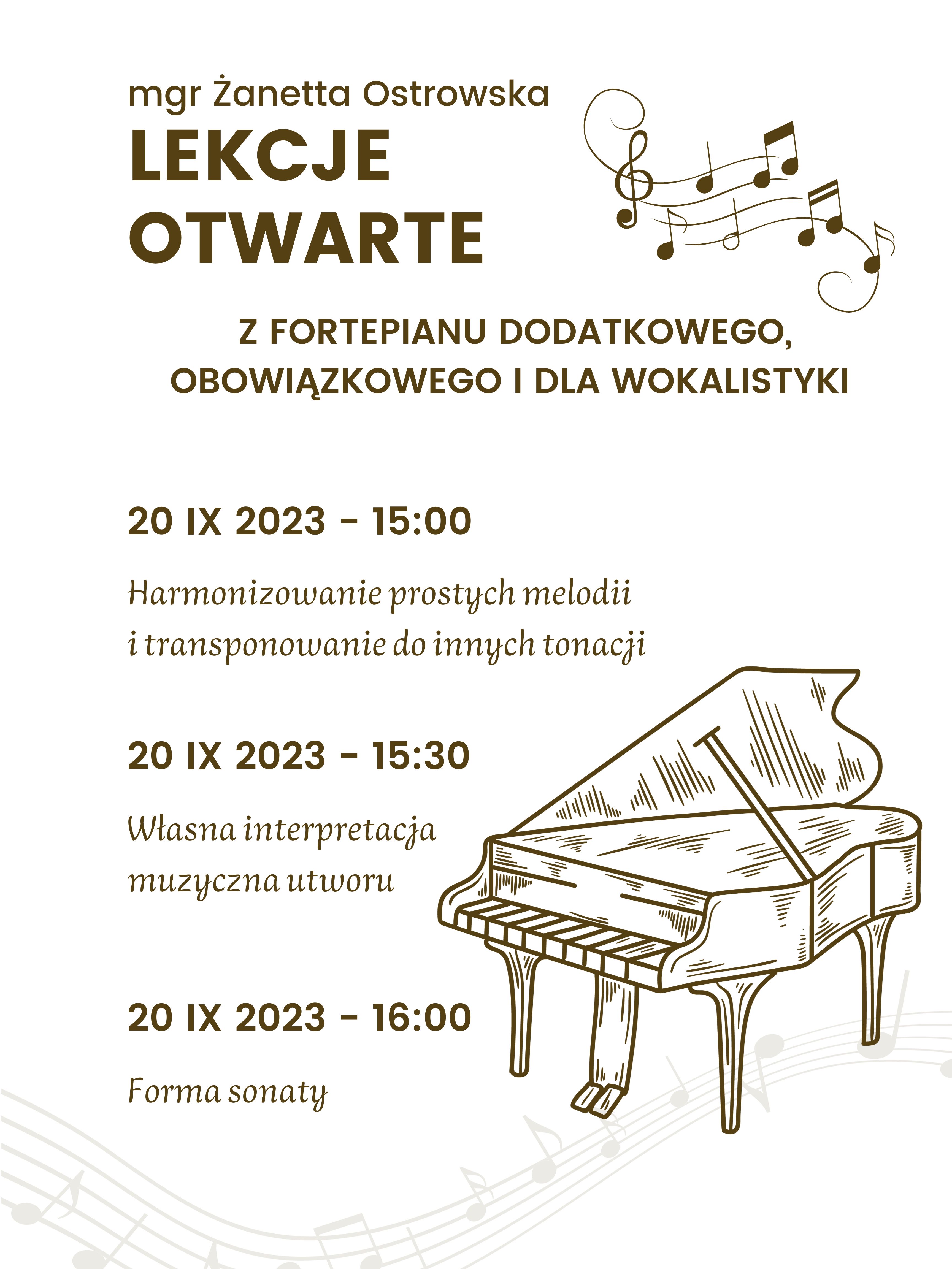Lekcje otwarte z fortepianów - mgr Żanetta Ostrowska 20.09.2023