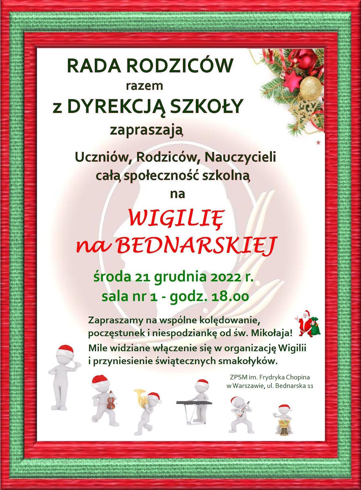 Afisz - Rada Rodziców zaprasza na Wigilię na Bednarskiej - 21 grudnia 2022 r. o godz. 18, sala 1