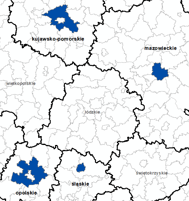 Ilustracja przedstawia obszary powiatów objętych aktualizacją zbiorów danych BDOT10k.