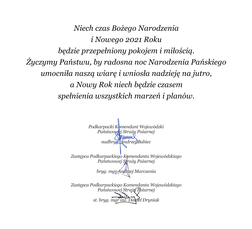 Życzenia z okazji Świąt Bożego Narodzenia oraz Nowego Roku komendanta wojewódzkiego PSP w Rzeszowie