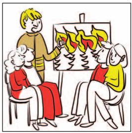 Rysunek narysowany w sposób komiksowy. W żółto -czerwonej kolorystyce, scenka przedstawiająca cztery osoby siedzące na krzesłach po prawej i lewej stronie. Na środku stoi osoba, która wskazuje na tablicę stojącą na stojaku. Na tablicy narysowane są płomienie.