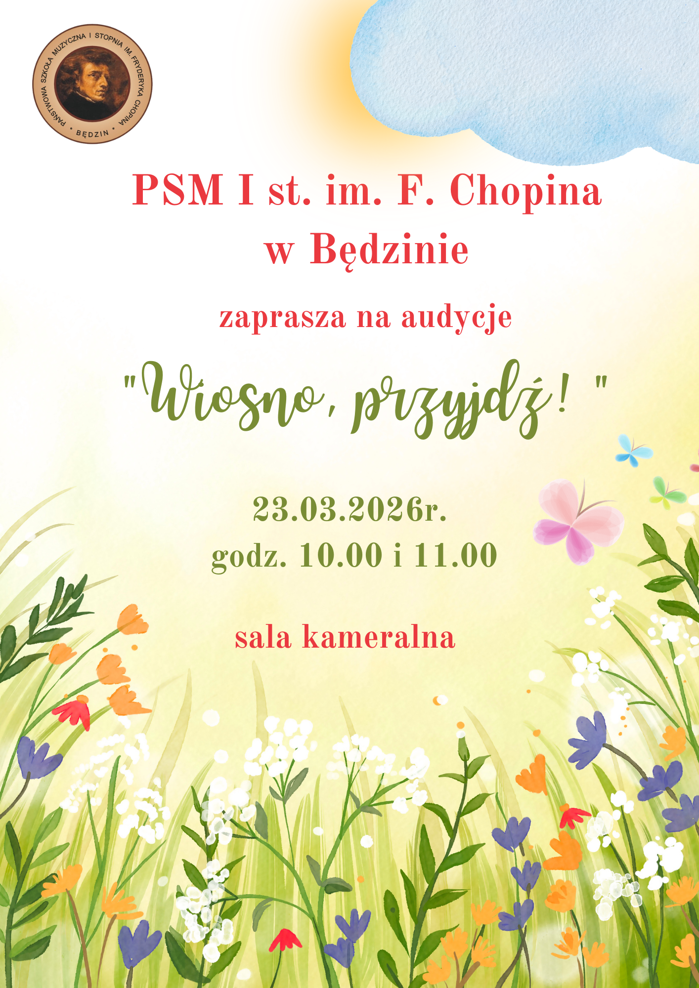 plakat na wiosennym kwiecistym tle, na środku opis wydarzenia, od góry z prawej logo szkoły