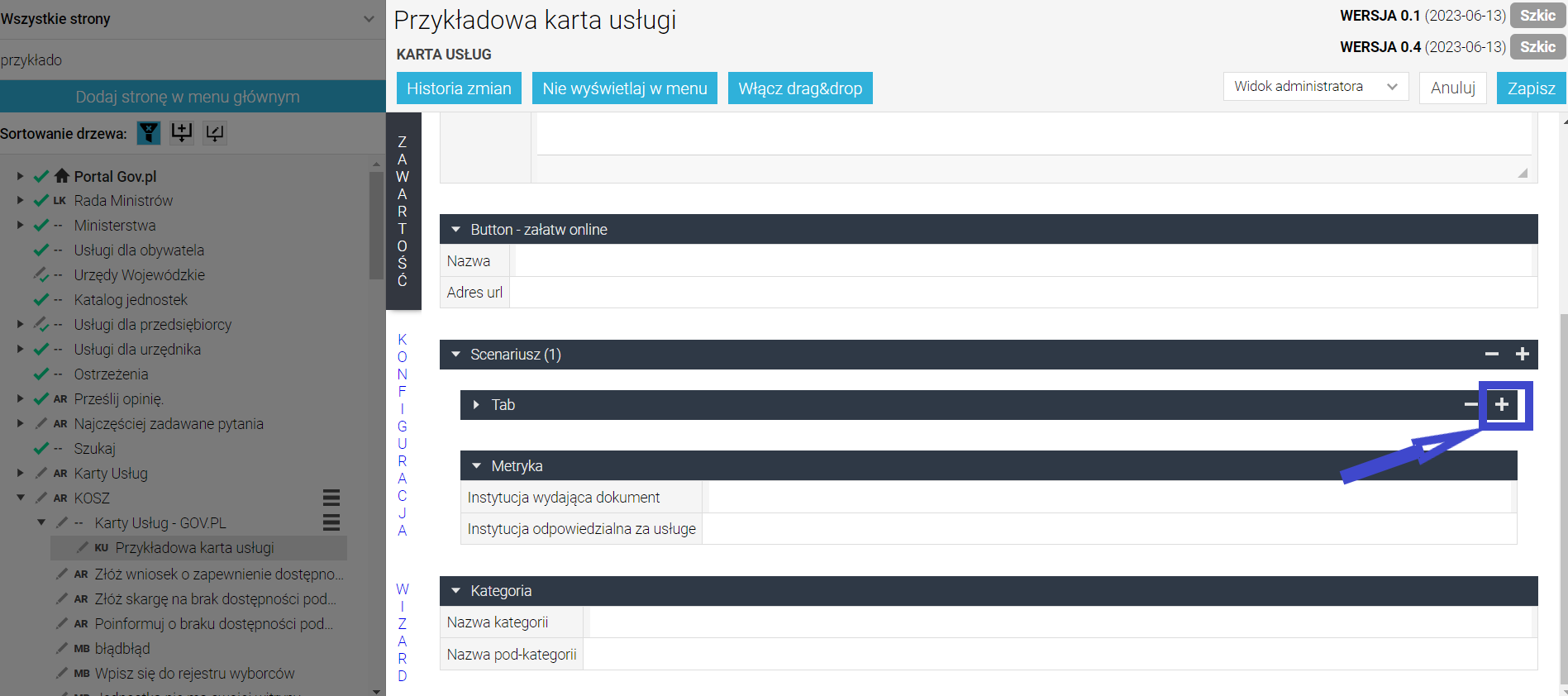 Tab w karcie usługi