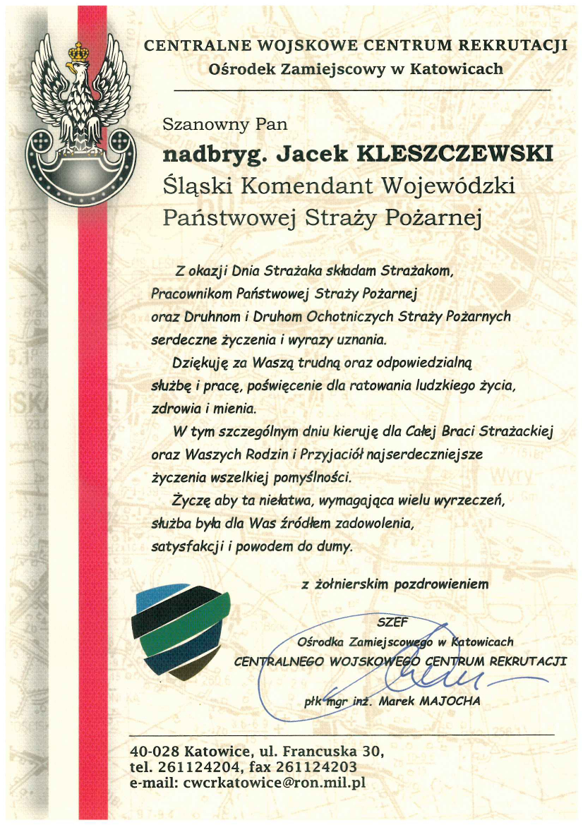 Życzenia od Szefa Ośrodka Zamiejscowego w Katowicach Centralnego Wojskowego Centrum Rekrutacji 