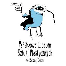 Logo szkoły przedstawiające plastyczną interpretację sylwetki ptaka w ujęciu z boku, dziobem skierowanym w prawą stronę. Oko patrzy na wprost, skrzydło uniesione w górę. Cała sylwetka wsparta na trzech nogach. Kontur czarny zarysowany linią o zróżnicowanej grubości, wewnątrz wypełniony kolorem niebieskim ( RAL 5015). Całość sylwetki na białym tle. Pod znakiem napis Zespół Szkół Plastycznych w Zielonej Górze umieszczony w trzech wierszach.