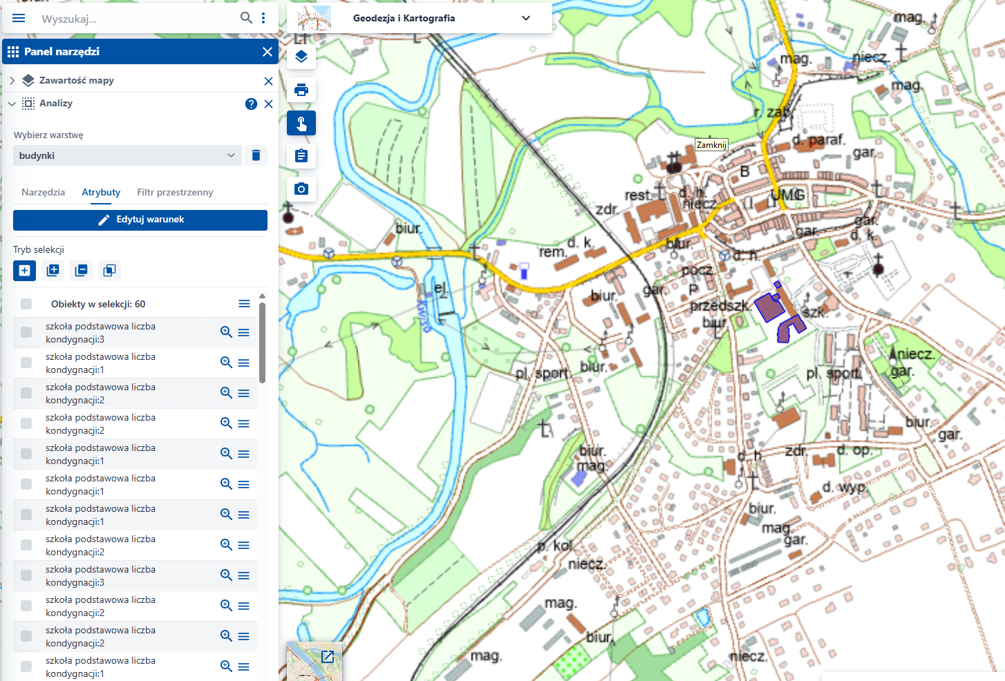 Ilustracja przedstawia przykład wyselekcjonowanych obiektów po zastosowaniu selekcji atrybutowej, dostępnej w Geoportalu.