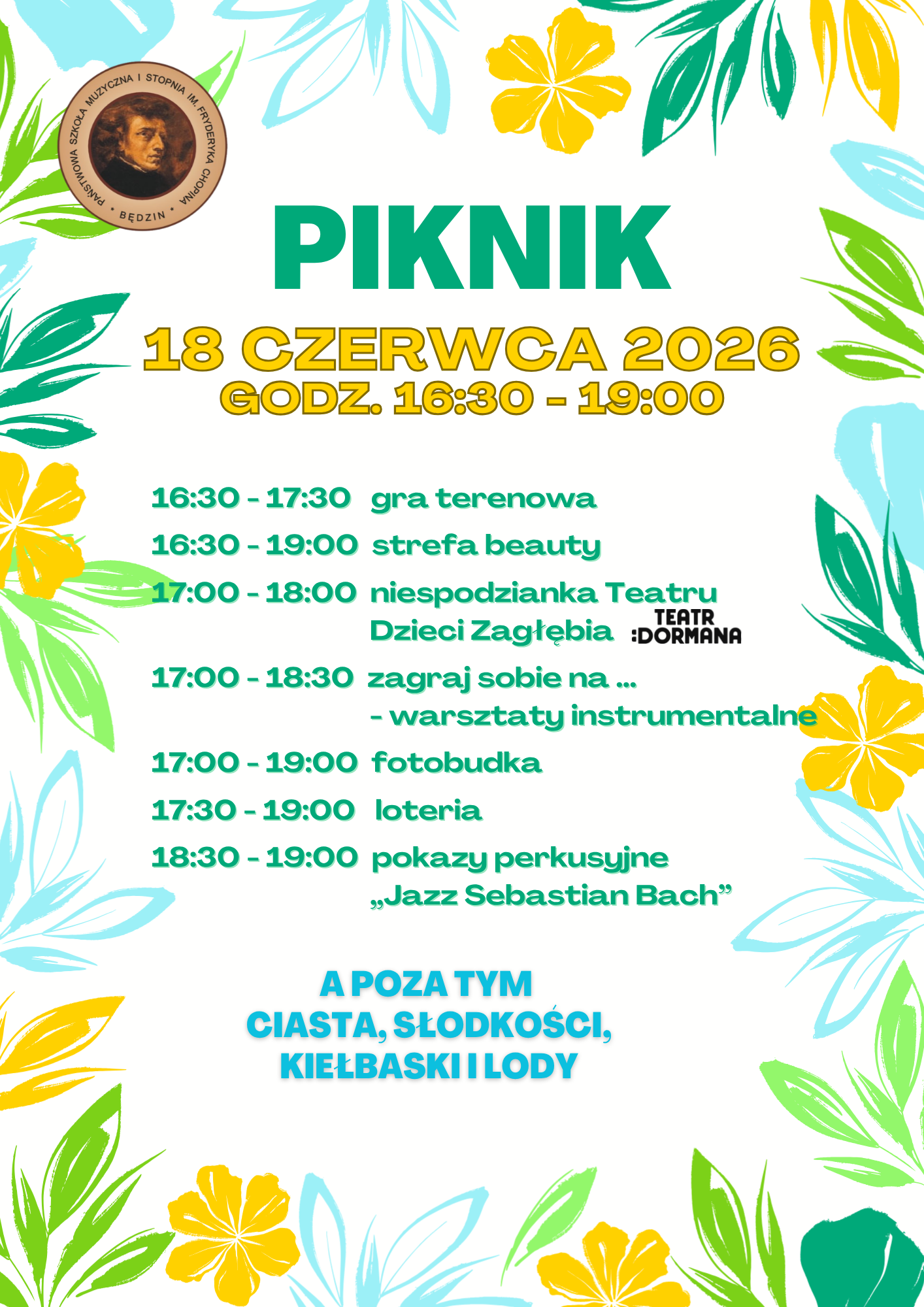 plakat na białym tle, wokół kolorowe ikony kwiatów i liści, na środków nazwa wydarzenia i opis, od góry logo szkoły