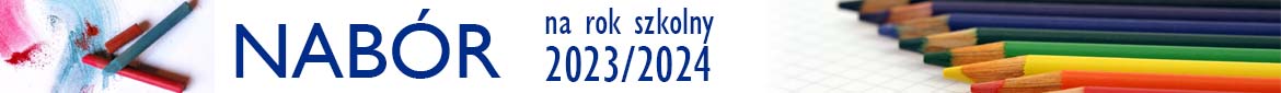 Baner z informacją o naborze na rok szkolny 2023/24, w tle kolorowe kredki