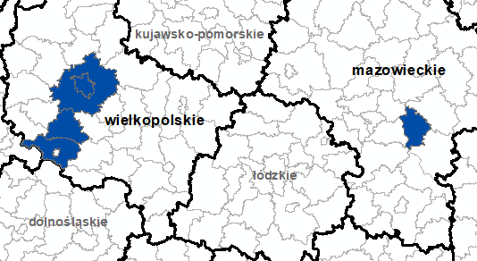 Ilustracja przedstawia obszary powiatów objętych aktualizacją zbiorów danych BDOT10k.