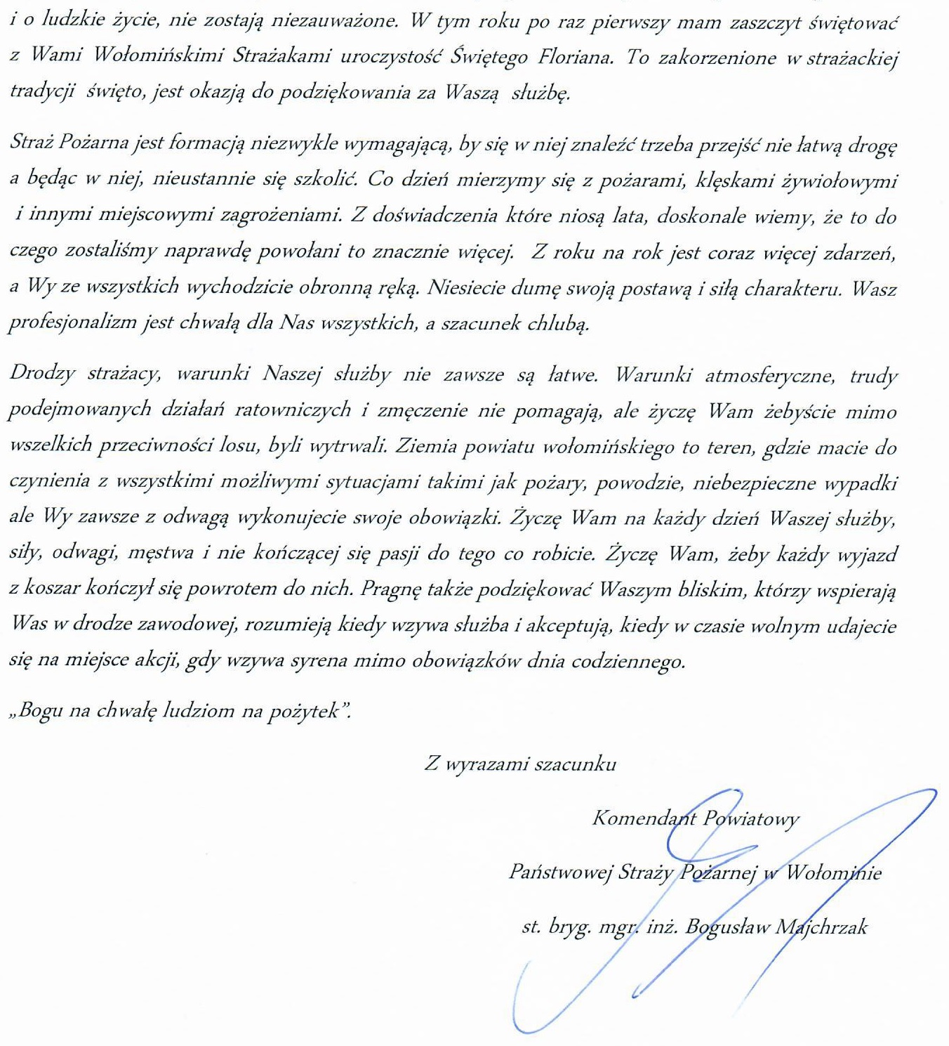 List Komendanta Powiatowego PSP w Wołominie z okazji Dnia Strażaka