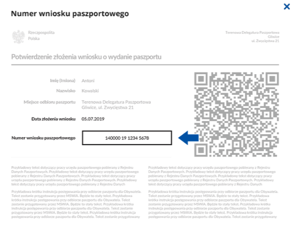 Wizualizacja, gdzie znajduje się numer wniosku paszportowego na przykładowym potwierdzeniu złożenia wniosku o wydanie paszportu
