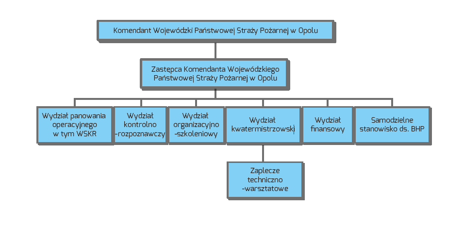 Zdjęcie przedstawia schemat struktury organizacyjnej Komendy Wojewódzkiej PSP w Opolu z dnia 1 lipca 1992 r.