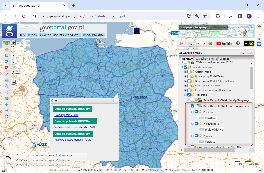 ilustracja przedstawia sposób pobierania danych BDOT10k w nowym schemacie aplikacyjnym z serwisu www.geoportal.gov.pl 